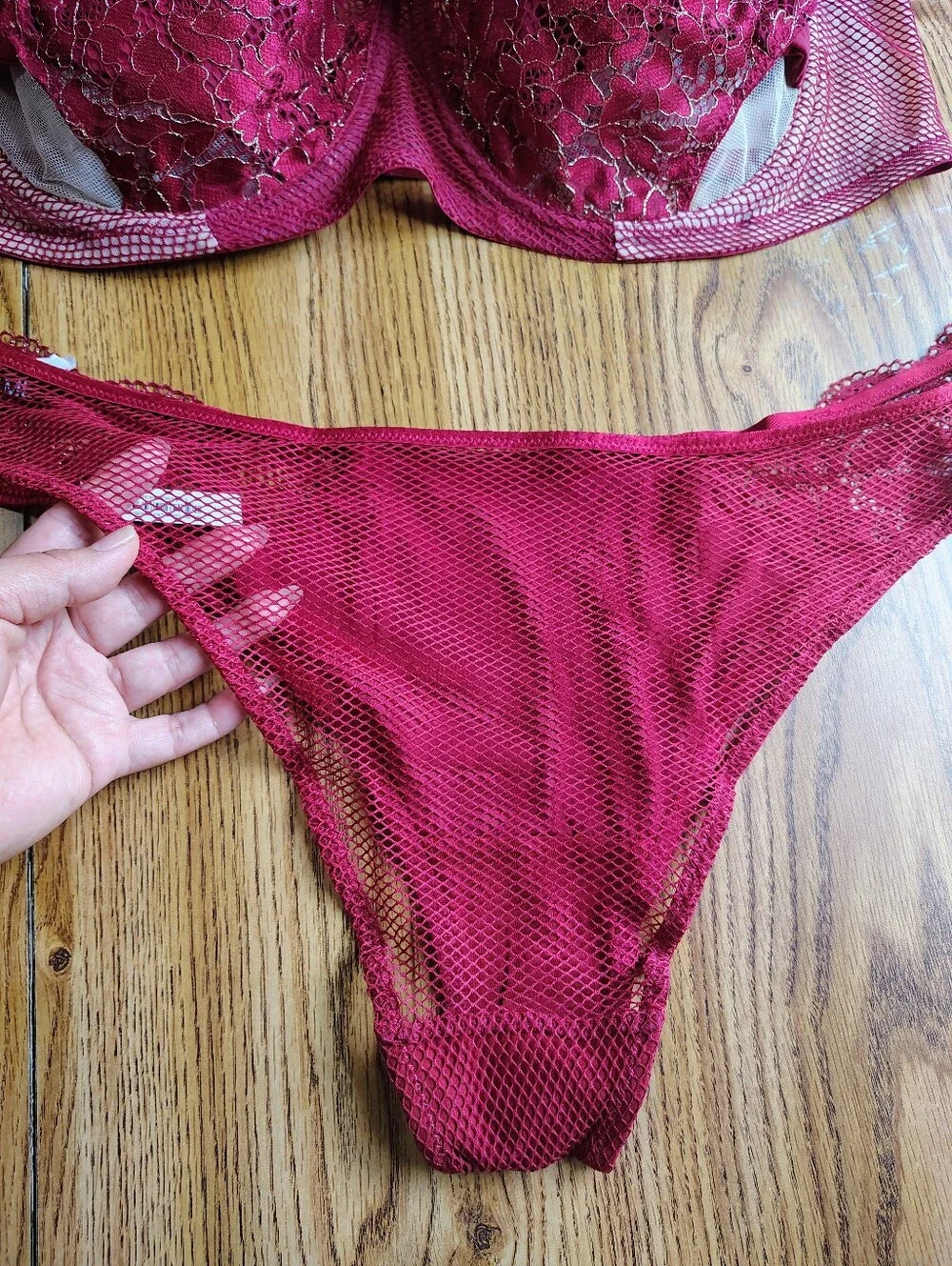 Adore Me Women's Lace Mesh Underwire Bra & Bikini Set Deep Wine sz 46DD. - Picture 6 of 16
